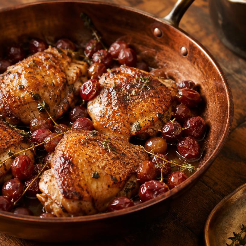 Roasted chicken thighs with blistered grapes and thyme in a copper pan