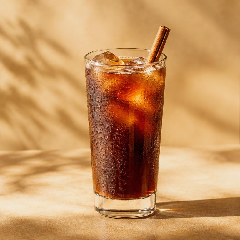 Tall glass of cold brew coffee with a cinnamon stick and ice on a warm paper background
