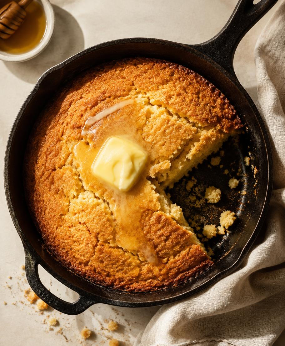 Overhead of golden skillet cornbread in a black cast iron pan with honey butter melting on top