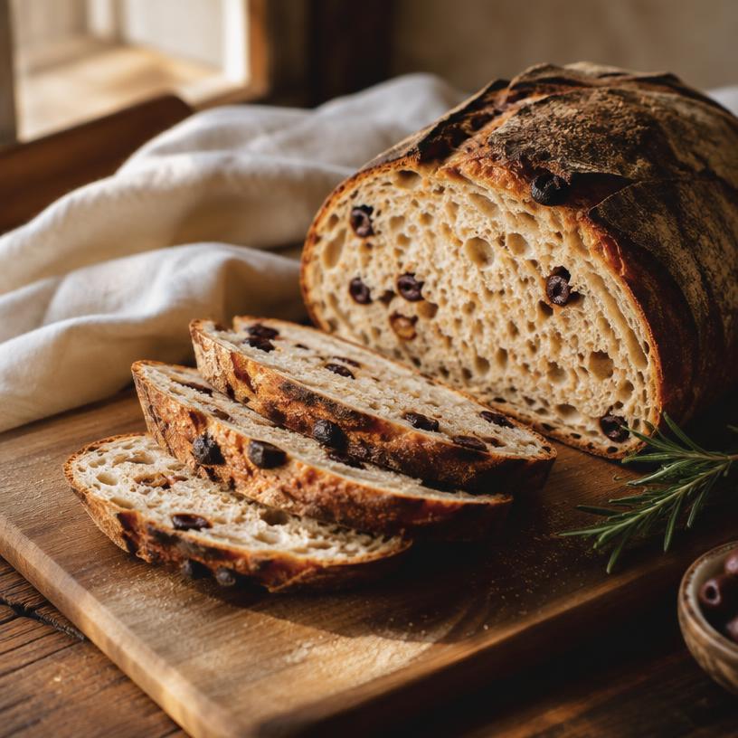 Sliced sourdough loaf with dark crackly crust and olive pieces on a wooden board