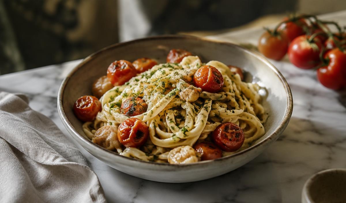 Steaming bowl of creamy garlic butter pasta with parsley and blistered tomatoes on a marble counter