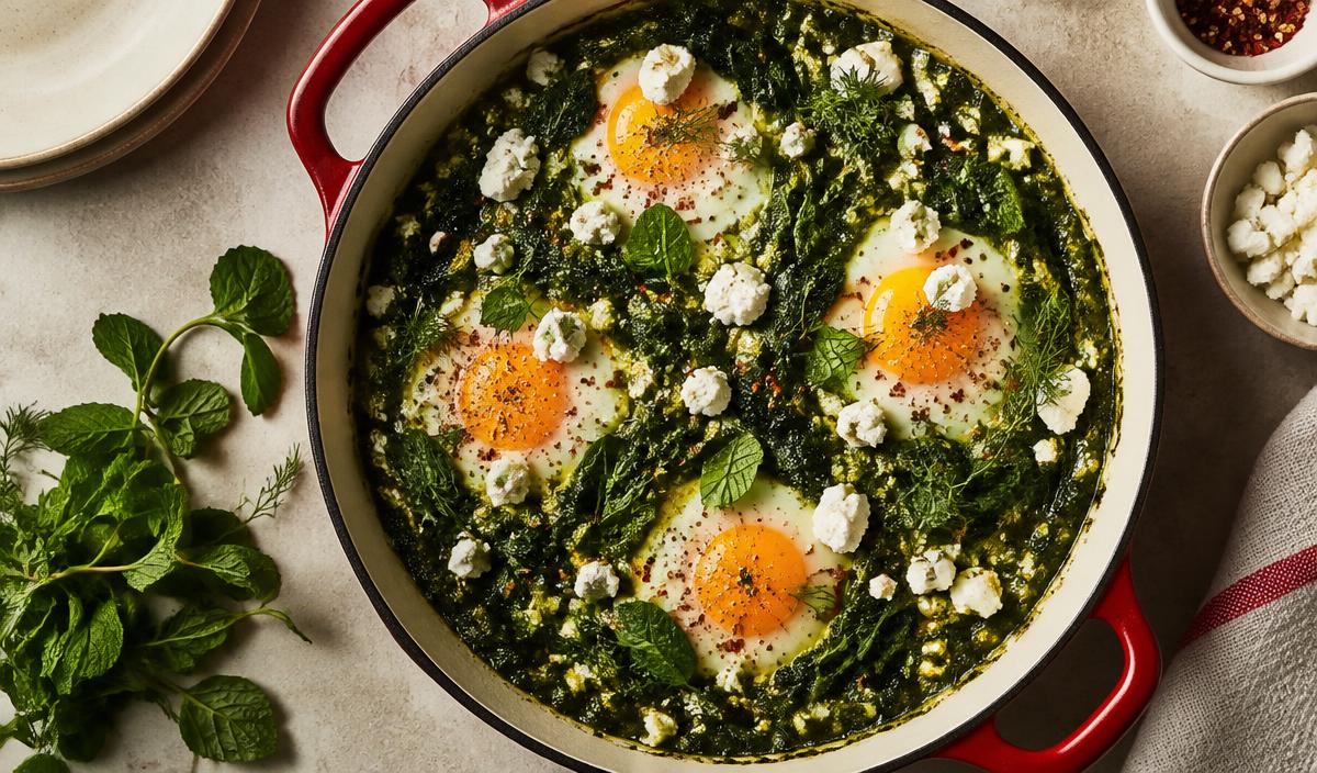 Overhead of a green shakshuka with poached eggs and feta in a red enamel skillet